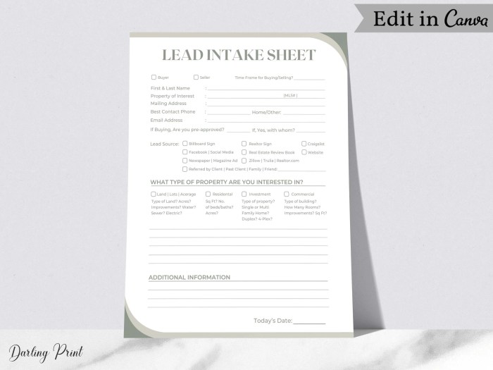 Lead Intake Sheet for Realtors, Lead Tracking Forms, Real Estate Agents ...